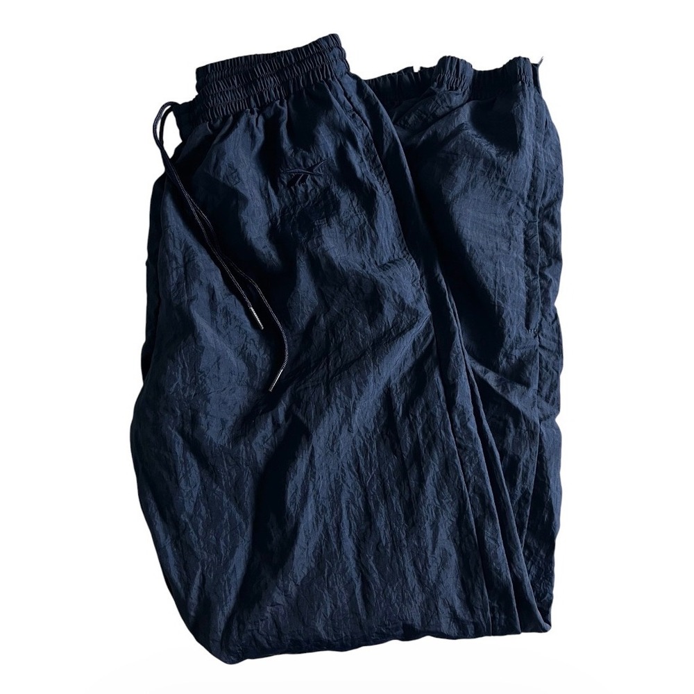 Vtg Reebok Y2K Track Pants Windbreaker Drawstring Navy Lined Zip Leg Mens Small